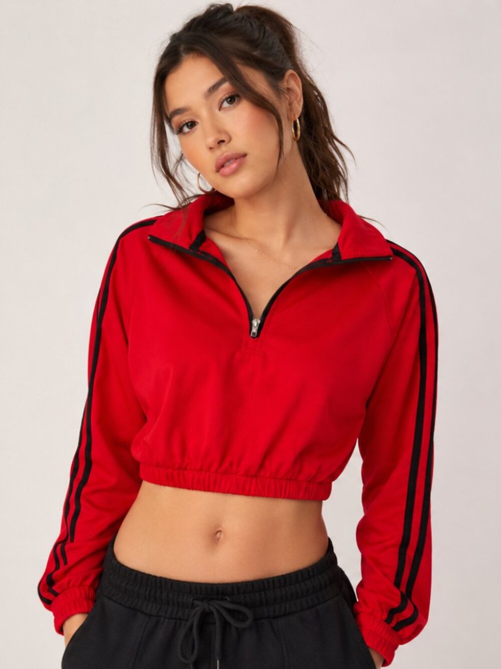 Garage Red Cropped Half Zip Track Jacket Sweatshirt Black Stripe Women’s P/S